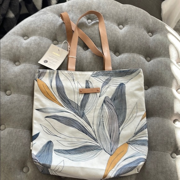 minted Handbags - Minted Floral Canvas Tote Bag with Tan Straps, customized for “Trista”